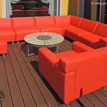 Loungemöbel, Loungeecke - Ecksofa, Sessel, Hocker - Bootsleder witterungsbeständig in rot