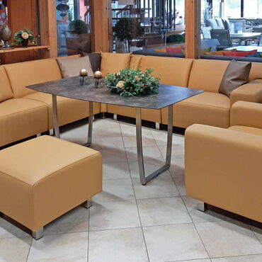 Gartenmöbel - Loungeecke - Ecksofa, Sessel, Hocker - Bootsleder witterungsbeständig für Garten, Terrasse oder Wintergarten